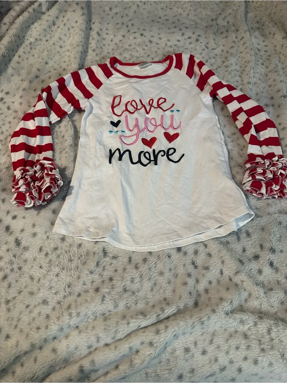 Girls' White Long-Sleeve 'Love You More' Top with Red Striped Ruffle Sleeves